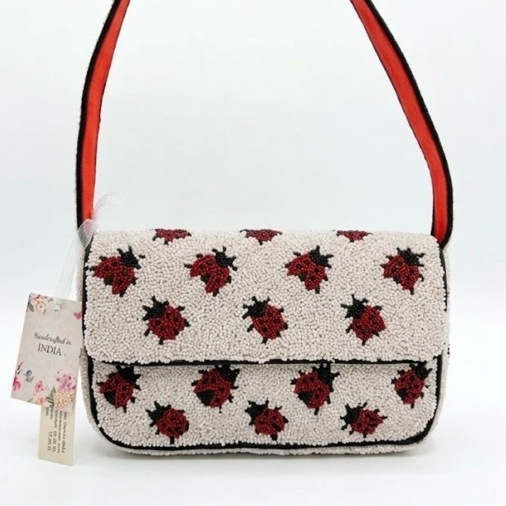 NWT Handcrafted In India Beaded Ladybug Shoulder Bag viral red white
